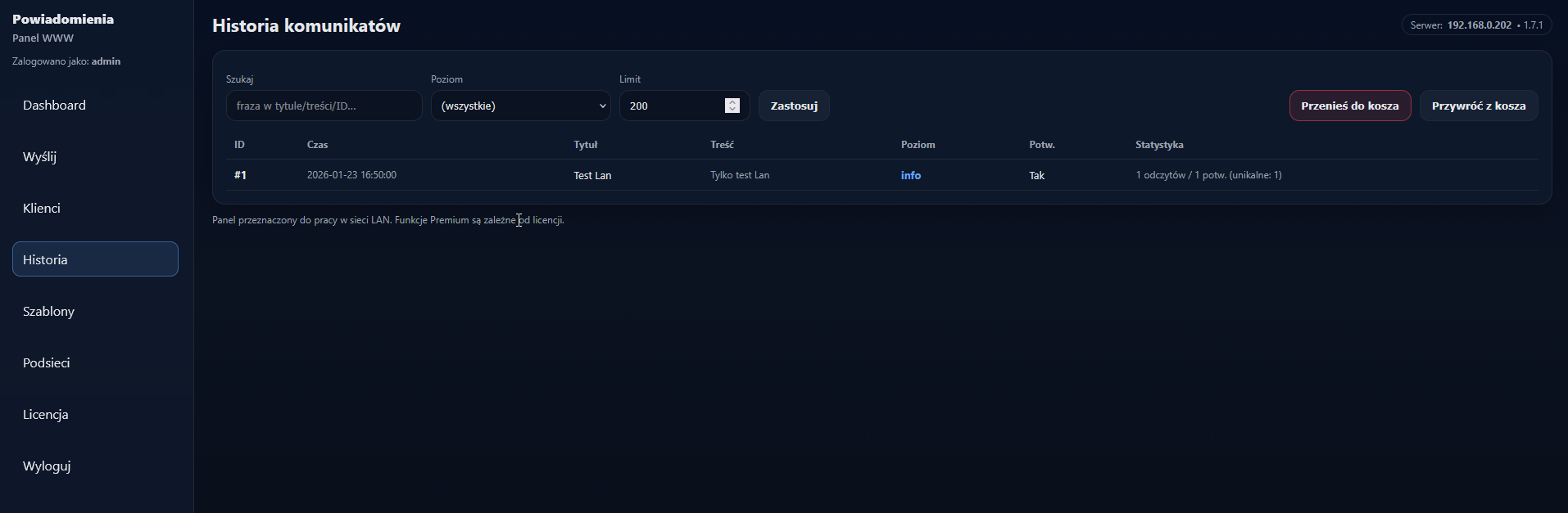 Notification history – web panel (screen)