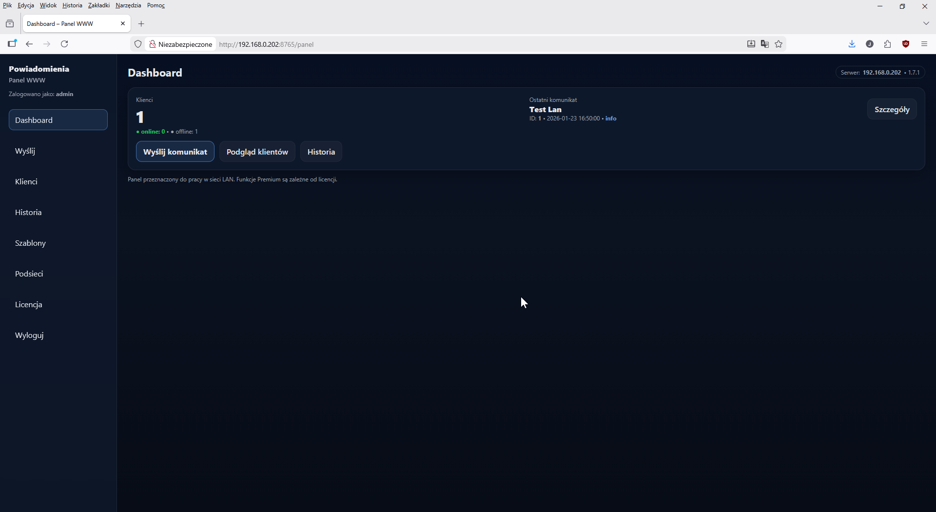 Web panel – dashboard