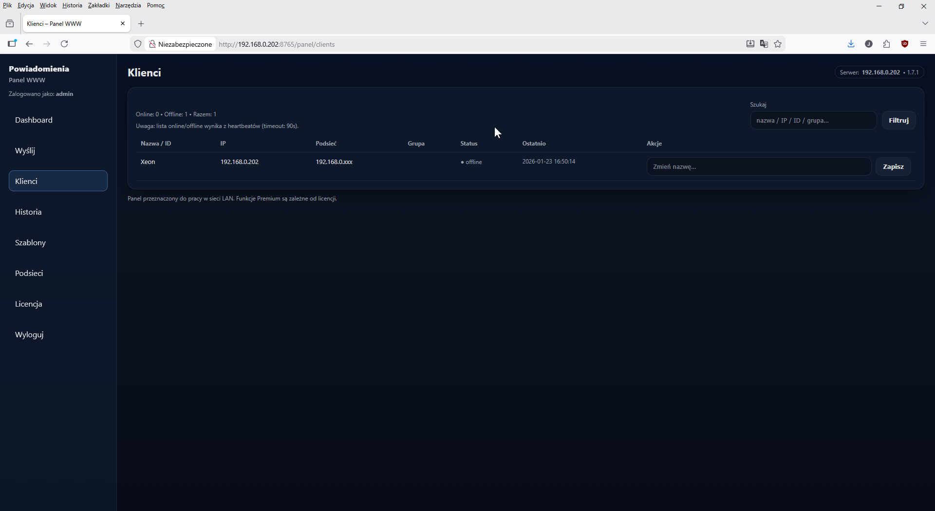 Web panel – clients (placeholder)