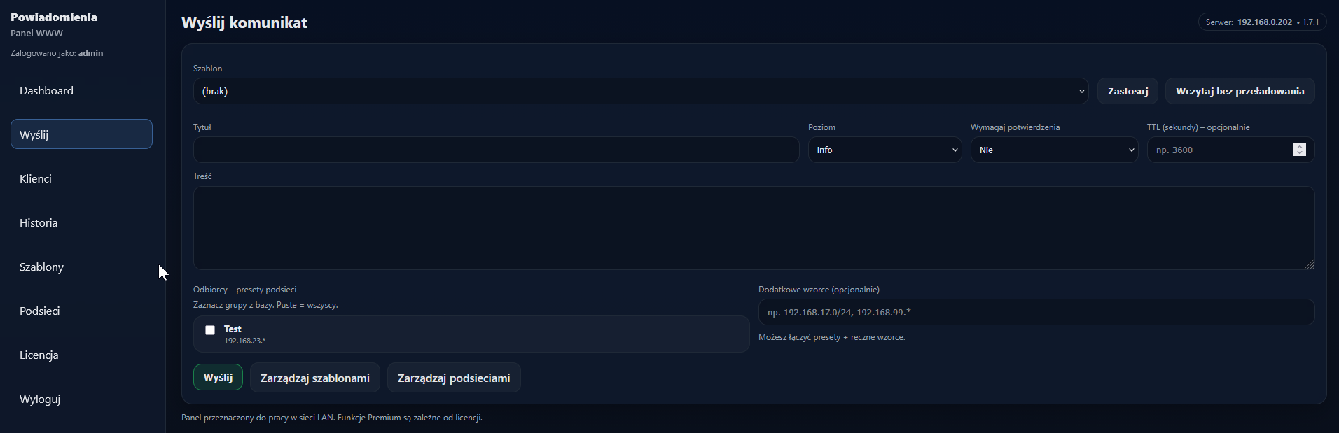 Send notification – web panel (screen)